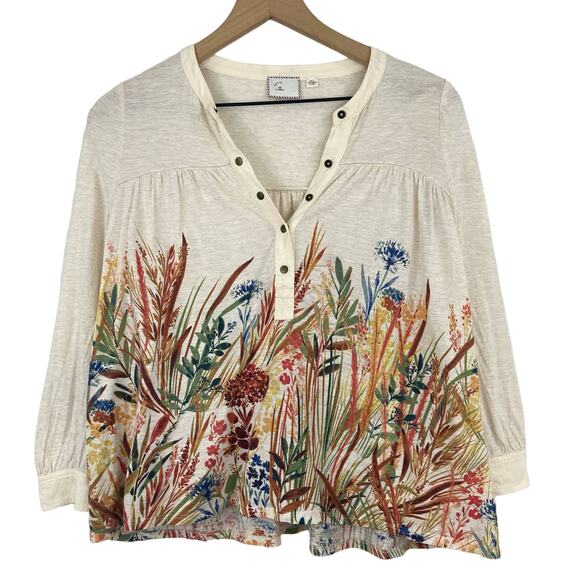 Anthropologie Postmark Boho Floral Henley Blouse XS Cream Floral 3/4 Sleeve - Picture 2 of 8